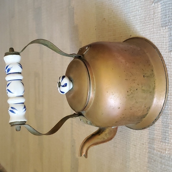 Vintage Cooper and Brass Teakettle/Pot with White Ceramic Handle - Picture 2 of 9